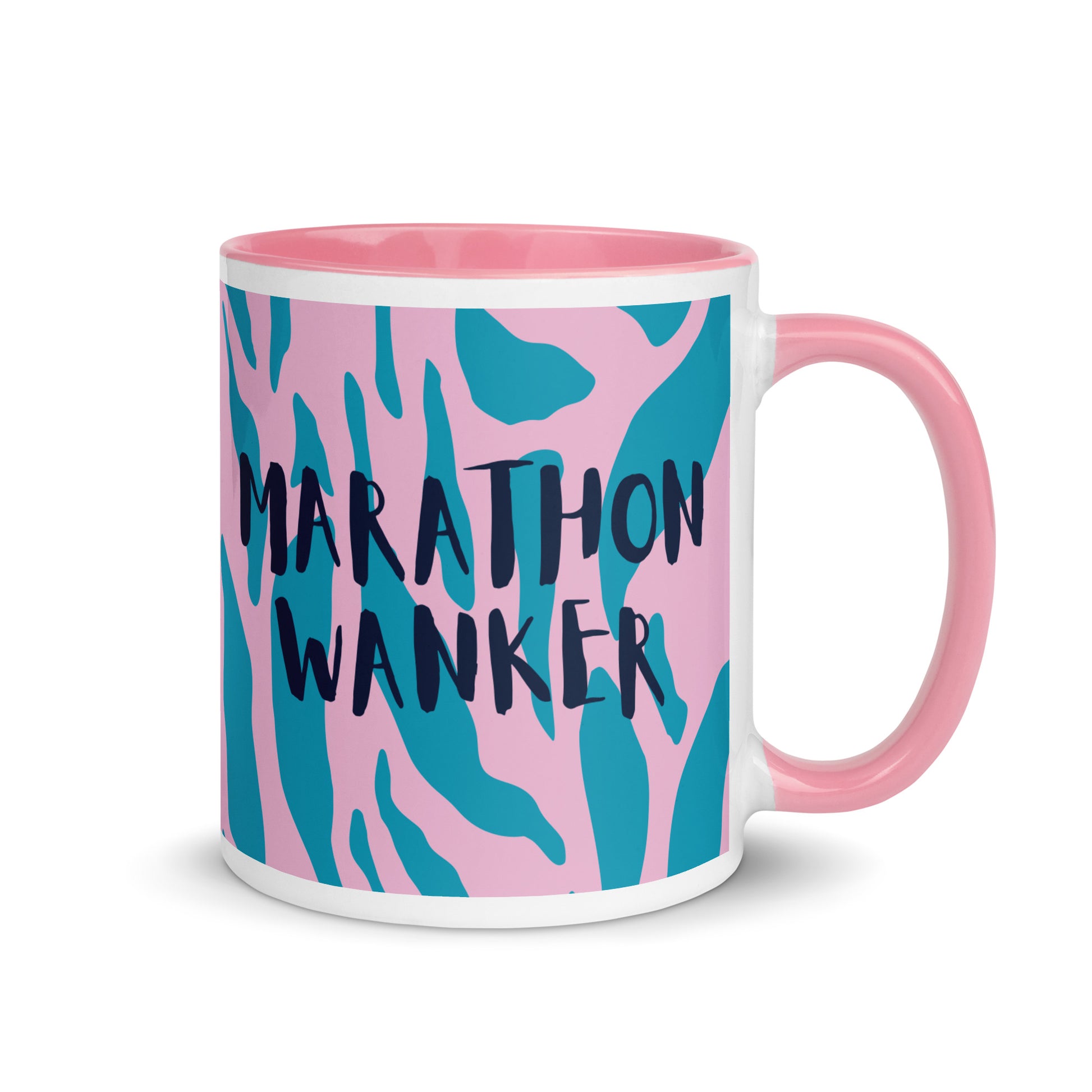 pink and white mug with marathon wanker in a bold, capitalised font over a blue and pink animal print background. 